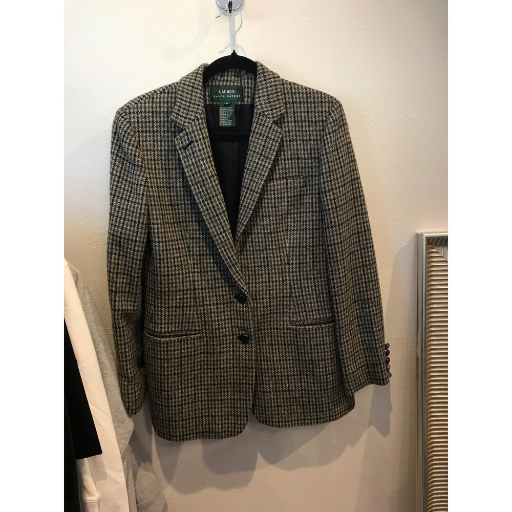 Lauren Ralph Lauren Wool Blazer Green Brown Houndstooth Plaid Jacket Womens 8